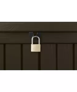 Baule da esterno keter "rockwood" in resina marrone effetto legno 570 lt 155x72,4x64,4 cm
